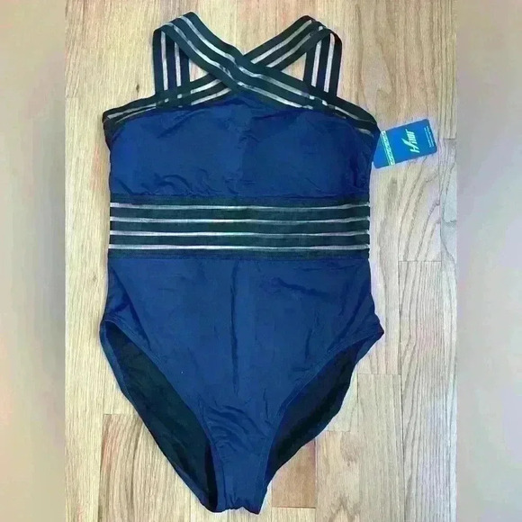 NWT Hilor navy blue Front Crossover One Piece Swimsuit Women’s Large Size 10-12 - Picture 4 of 8